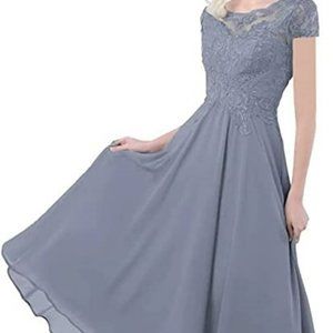 Mother of The Bride Dresses Lace Appliques;  Chiffon Blue-Grey, size 10